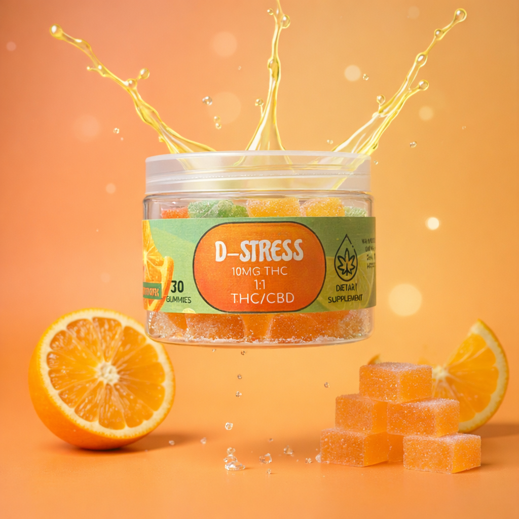 Full Spectrum D-Stress 10mg THC - 10mg CBD  Gummies | 30 Count