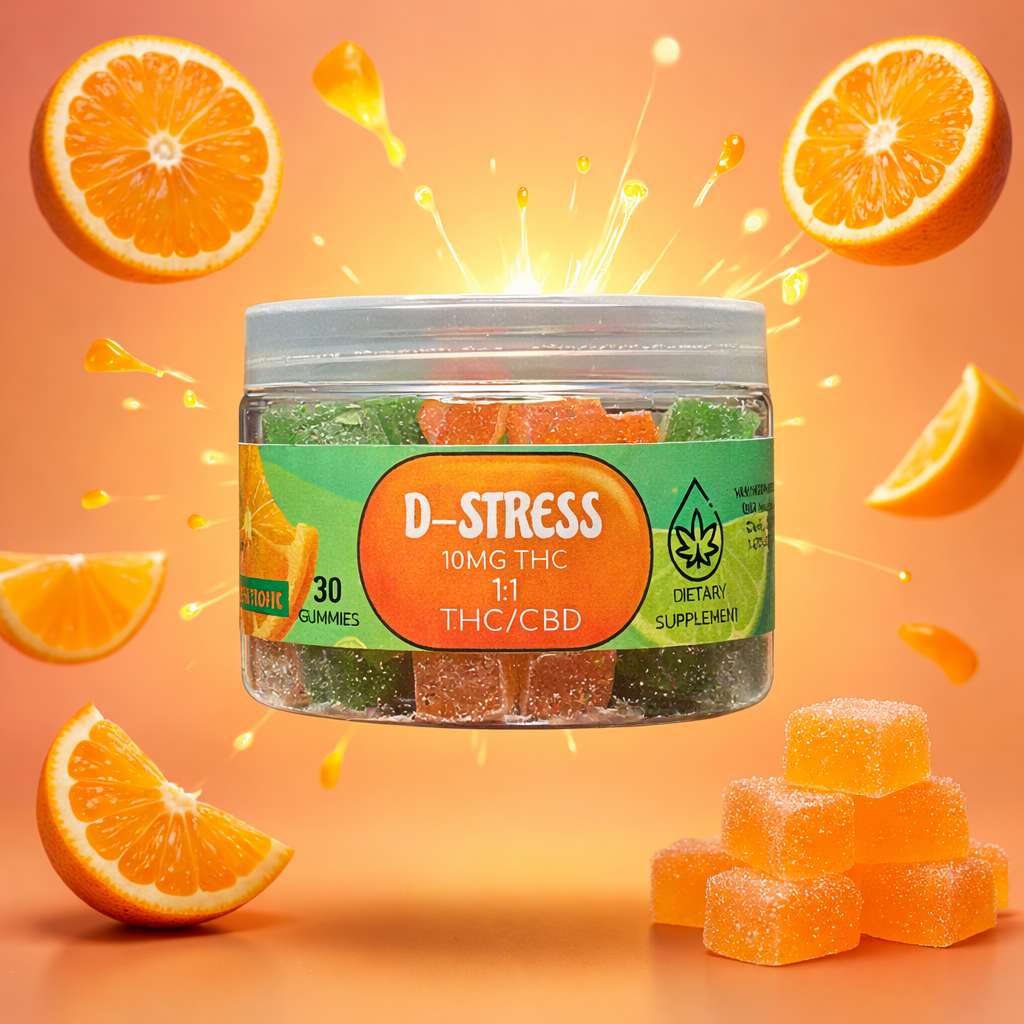 Full Spectrum D-Stress 10mg THC - 10mg CBD  Gummies | 30 Count
