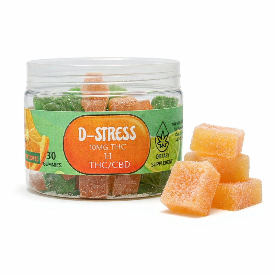 Full Spectrum D-Stress 10mg THC - 10mg CBD  Gummies | 30 Count