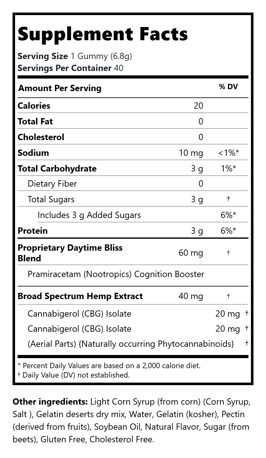 Broad Spectrum Daytime Bliss 20mg CBD + 20mg CBG Gummies (0%THC) | 40 Count