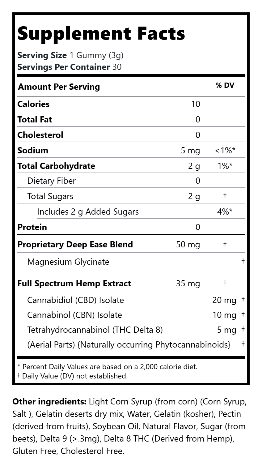 Deep Ease Full Spectrum 20mg CBD | 10mg CBN | 5mg THC | 30 Count