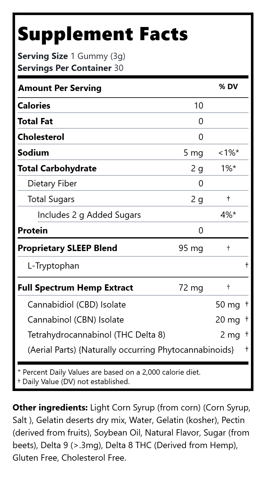 Full Spectrum SLEEP gummies 50mg CBD - 20mg CBN - 2mg THC | 30 Count