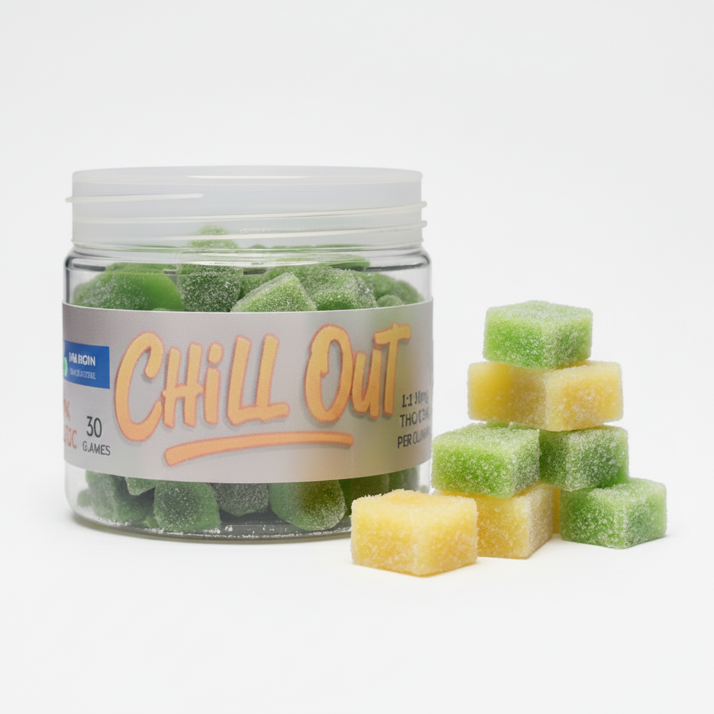 Jar of 'Chill Out' gummies with some gummies outside the jar on a white background