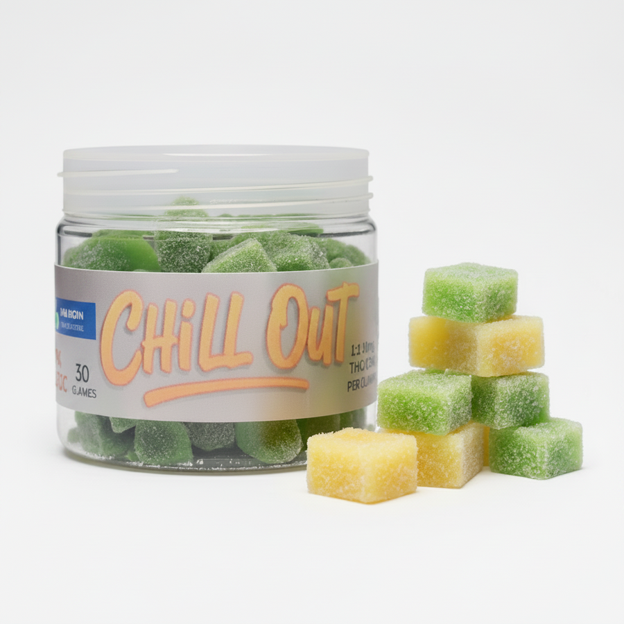 Jar of 'Chill Out' gummies with some gummies outside the jar on a white background