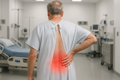 make it in a hospital setting with him facing the other direction with a red area on his back area to indicate pain area