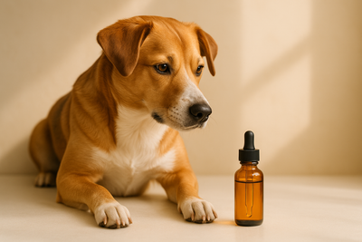 Pet wellness | I would like to see a dog looking at a tincture that is fulled up